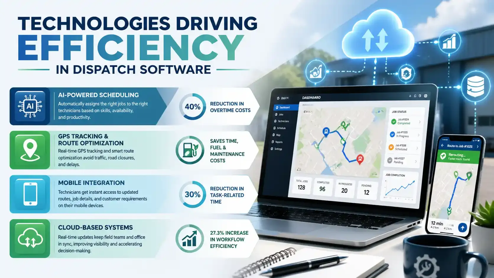 Infographic showcasing dispatch software features: AI scheduling, GPS, mobile, and cloud.